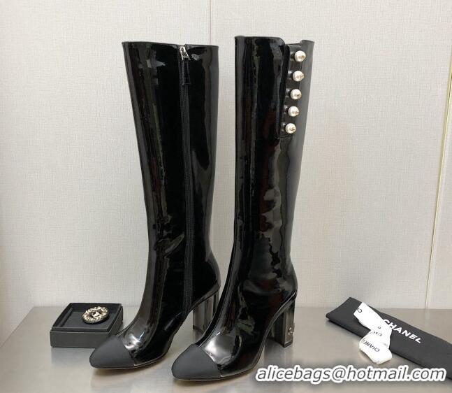 Good Quality Chanel Patent Leather Side Pearl High Boots 8.5cm Black 110369