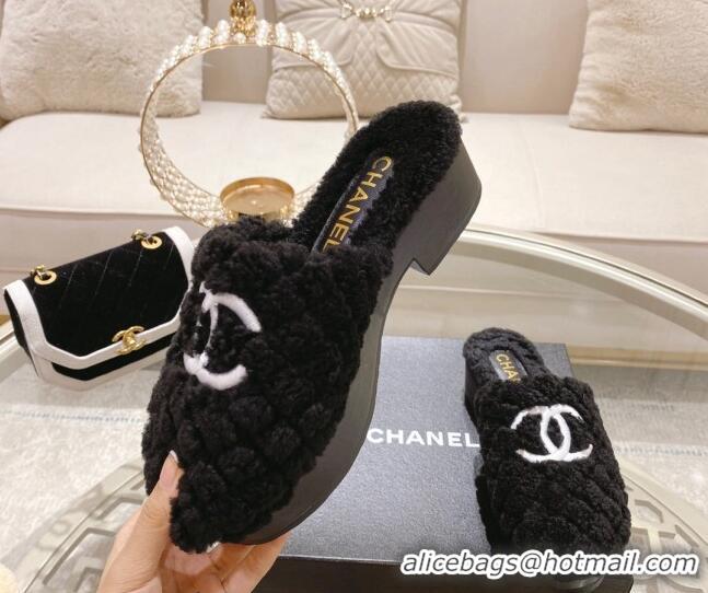 Good Looking Chanel Quilted Shearling Heel Mules Black 110370