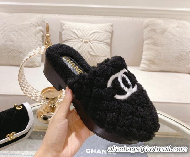 Good Looking Chanel Quilted Shearling Heel Mules Black 110370