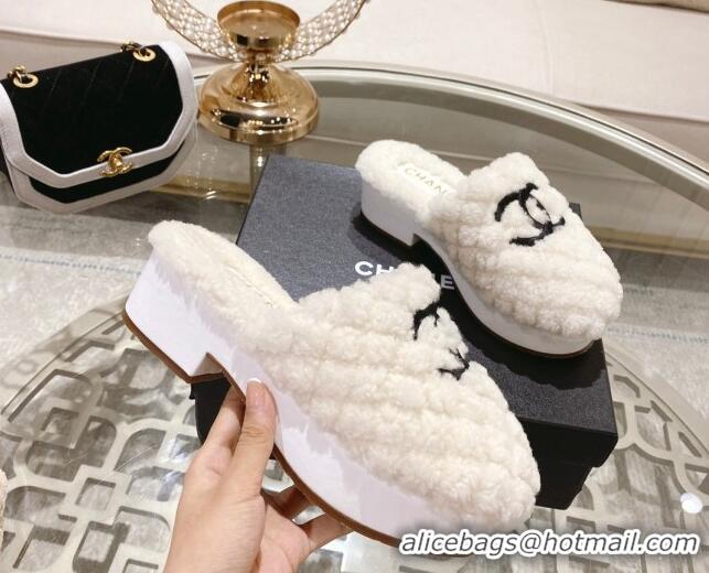 Best Grade Chanel Quilted Shearling Heel Mules White 110371