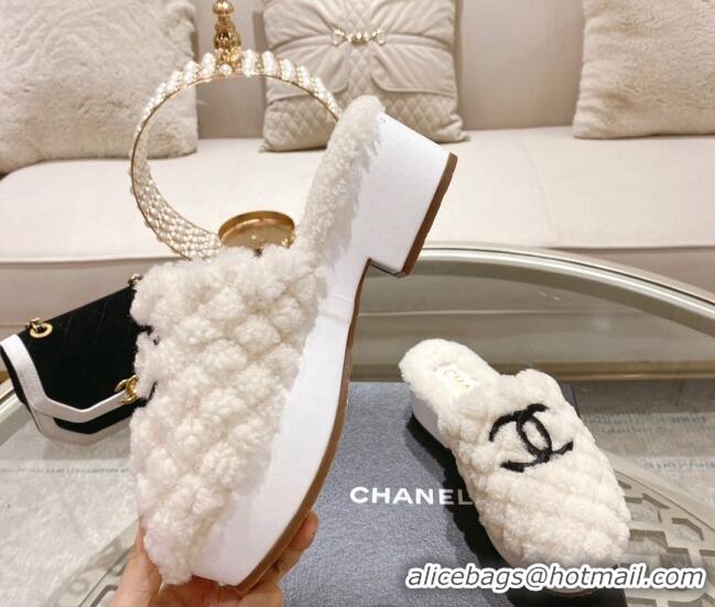 Best Grade Chanel Quilted Shearling Heel Mules White 110371