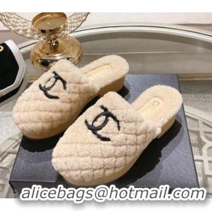 Classic Hot Chanel Quilted Shearling Heel Mules Beige 110372