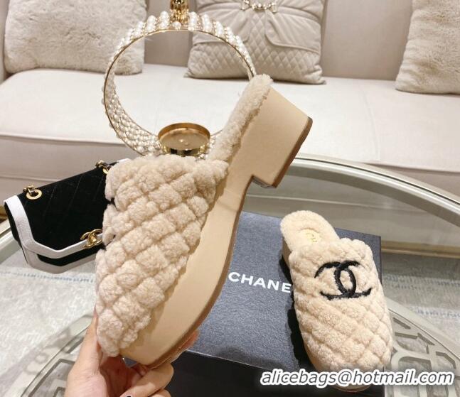 Classic Hot Chanel Quilted Shearling Heel Mules Beige 110372