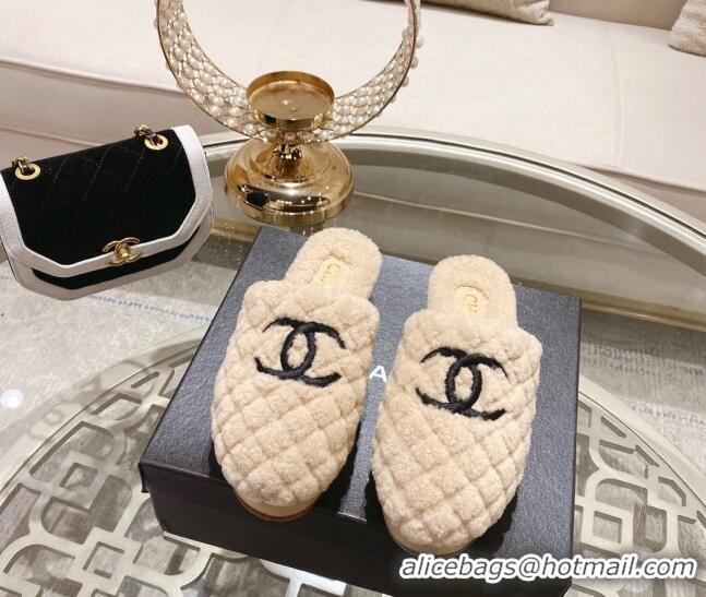 Classic Hot Chanel Quilted Shearling Heel Mules Beige 110372