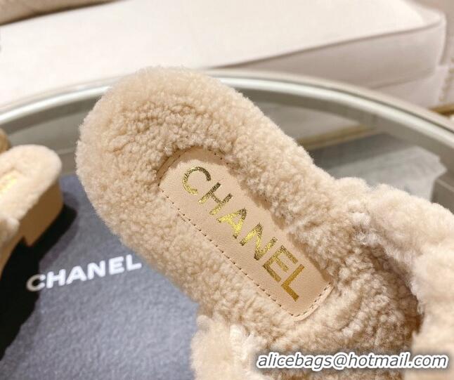 Classic Hot Chanel Quilted Shearling Heel Mules Beige 110372