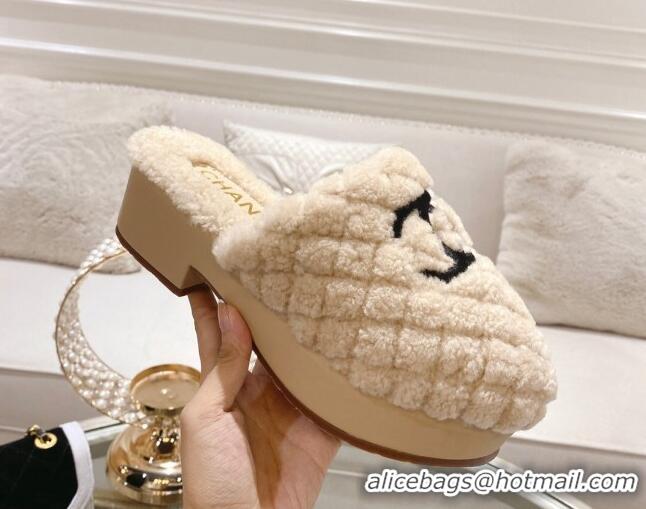 Classic Hot Chanel Quilted Shearling Heel Mules Beige 110372