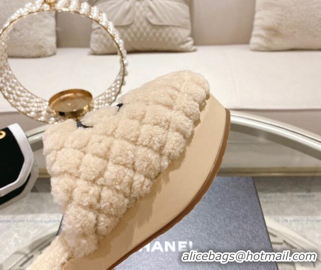 Classic Hot Chanel Quilted Shearling Heel Mules Beige 110372