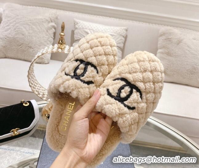 Classic Hot Chanel Quilted Shearling Heel Mules Beige 110372