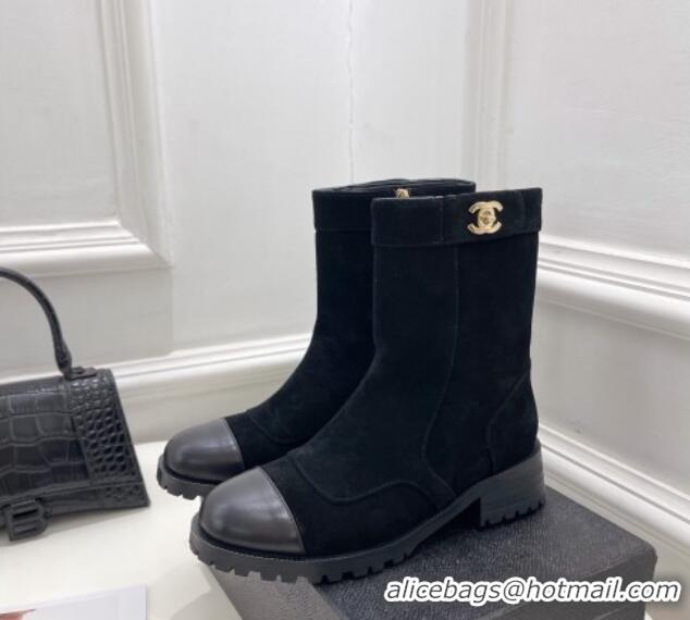 Top Design Chanel Suede and Calfskin Ankle Boots with CC Buckle G39172 Black