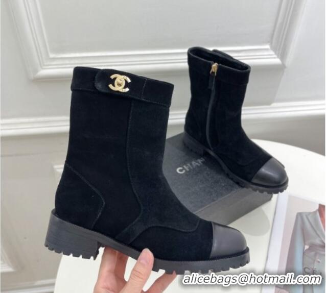 Top Design Chanel Suede and Calfskin Ankle Boots with CC Buckle G39172 Black