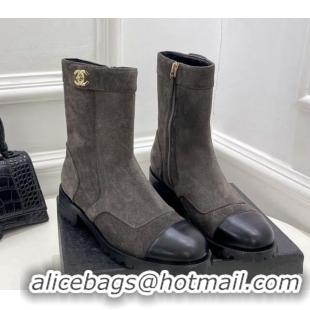 Discount Chanel Suede and Calfskin Ankle Boots with CC Buckle G39172 Grey