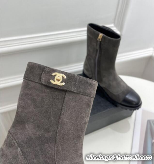 Discount Chanel Suede and Calfskin Ankle Boots with CC Buckle G39172 Grey