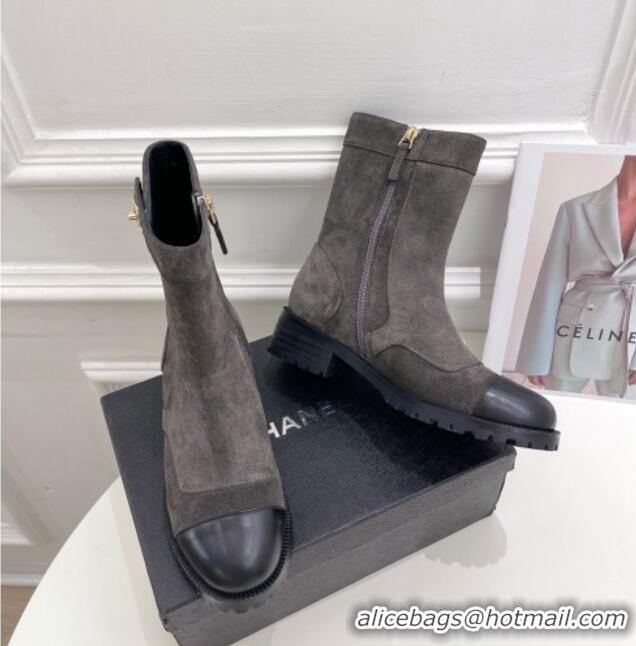 Discount Chanel Suede and Calfskin Ankle Boots with CC Buckle G39172 Grey