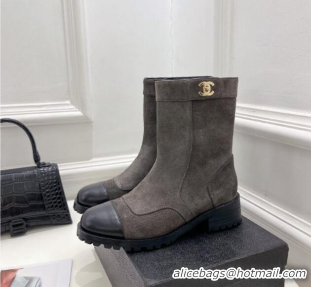 Discount Chanel Suede and Calfskin Ankle Boots with CC Buckle G39172 Grey