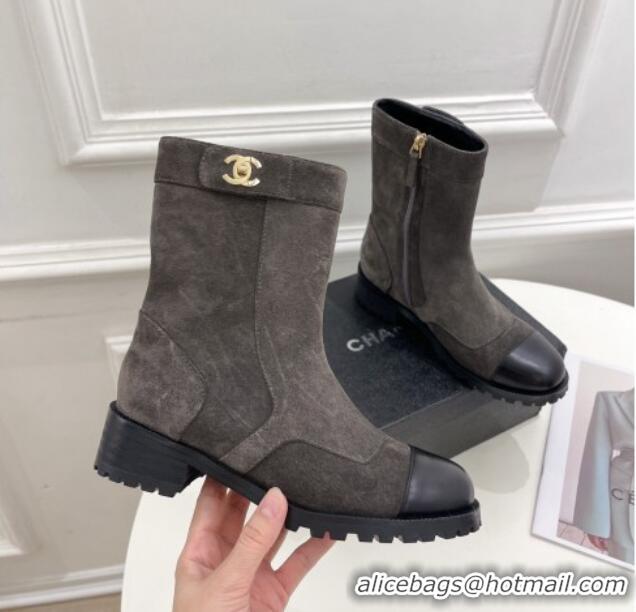 Discount Chanel Suede and Calfskin Ankle Boots with CC Buckle G39172 Grey