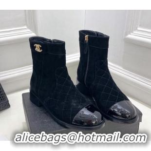 Stylish Chanel Quilted Suede and Patent Leather Ankle Boots with CC Buckle G39172 Black