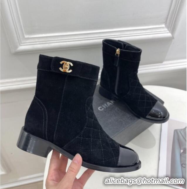 Stylish Chanel Quilted Suede and Patent Leather Ankle Boots with CC Buckle G39172 Black