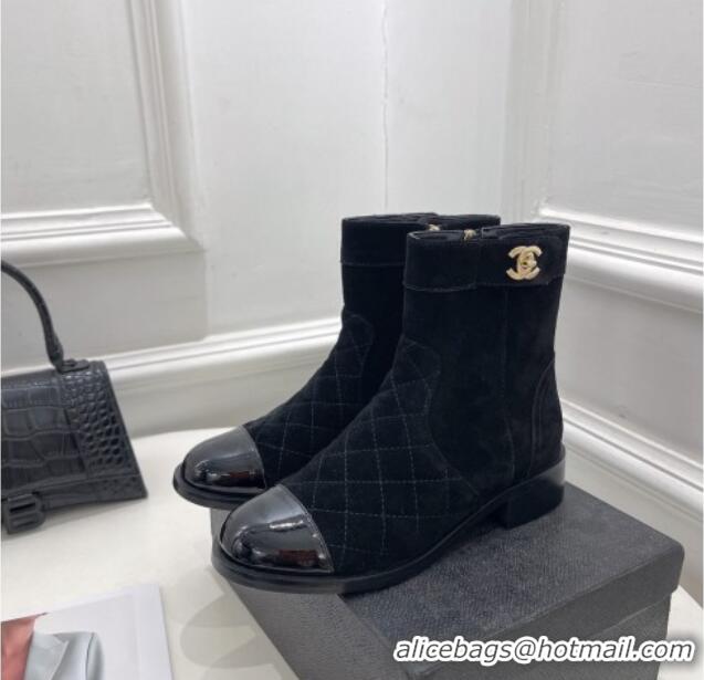 Stylish Chanel Quilted Suede and Patent Leather Ankle Boots with CC Buckle G39172 Black