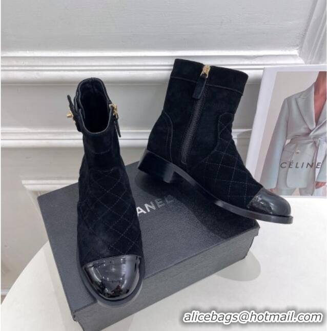 Stylish Chanel Quilted Suede and Patent Leather Ankle Boots with CC Buckle G39172 Black