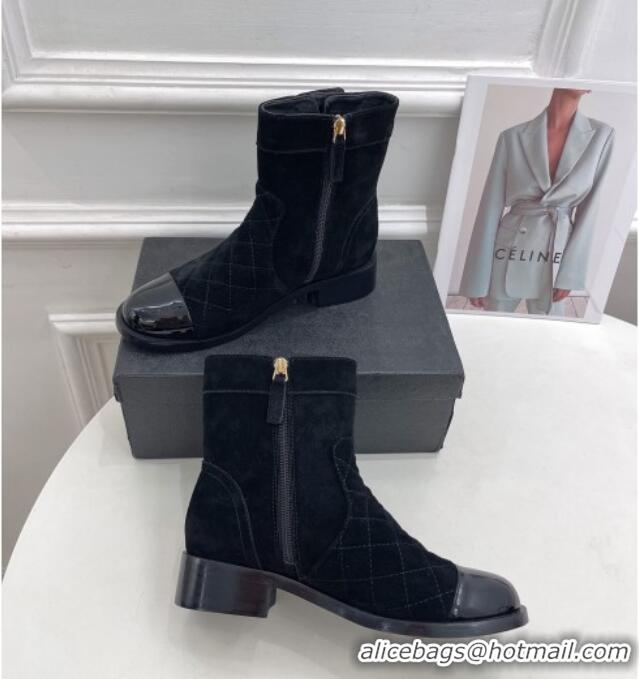 Stylish Chanel Quilted Suede and Patent Leather Ankle Boots with CC Buckle G39172 Black