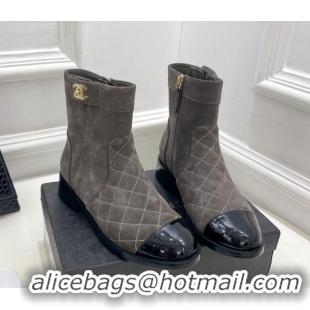 AAAAA Chanel Quilted Suede and Patent Leather Ankle Boots with CC Buckle G39172 Grey