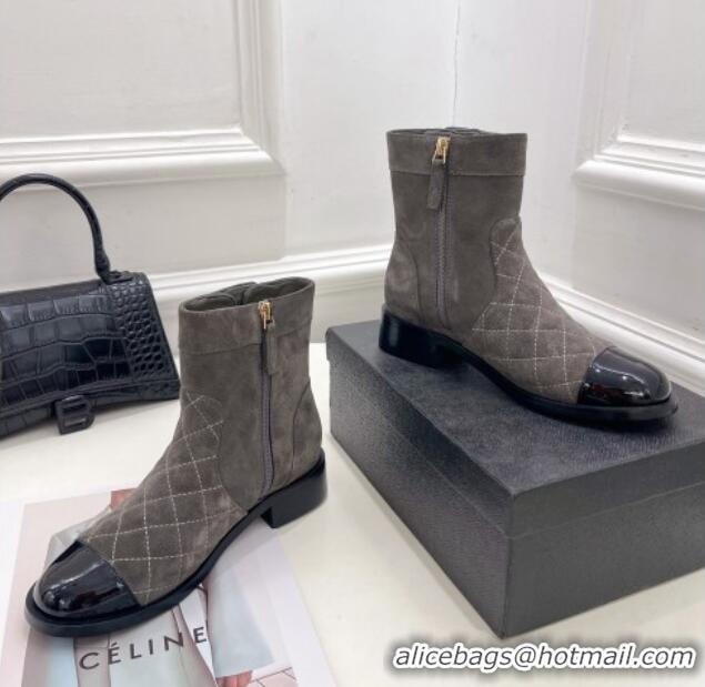 AAAAA Chanel Quilted Suede and Patent Leather Ankle Boots with CC Buckle G39172 Grey