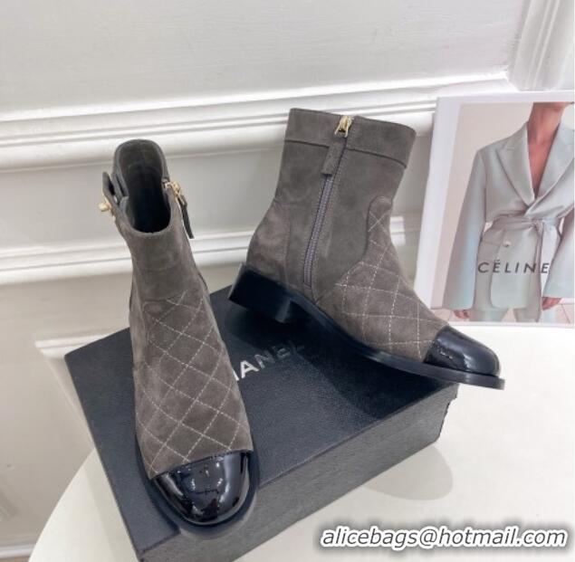 AAAAA Chanel Quilted Suede and Patent Leather Ankle Boots with CC Buckle G39172 Grey