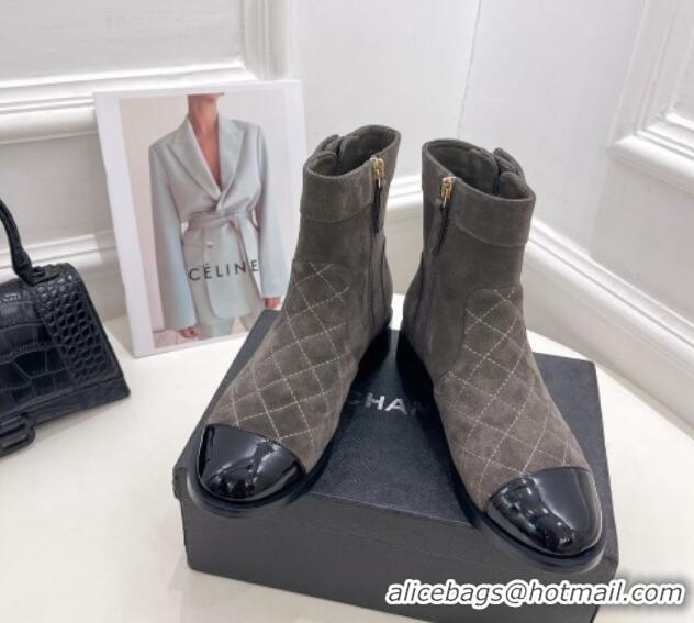 AAAAA Chanel Quilted Suede and Patent Leather Ankle Boots with CC Buckle G39172 Grey