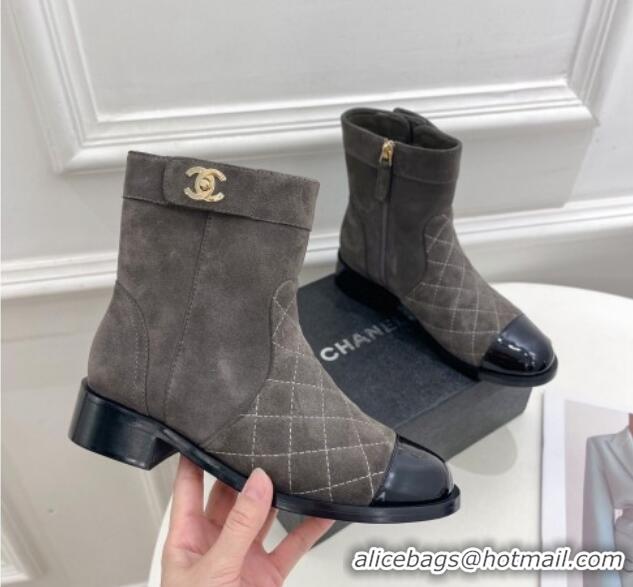 AAAAA Chanel Quilted Suede and Patent Leather Ankle Boots with CC Buckle G39172 Grey