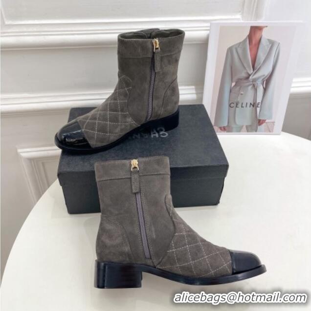 AAAAA Chanel Quilted Suede and Patent Leather Ankle Boots with CC Buckle G39172 Grey