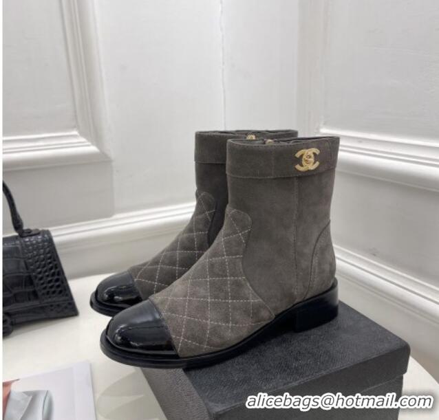 AAAAA Chanel Quilted Suede and Patent Leather Ankle Boots with CC Buckle G39172 Grey