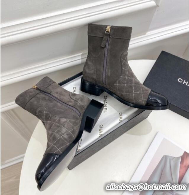 AAAAA Chanel Quilted Suede and Patent Leather Ankle Boots with CC Buckle G39172 Grey