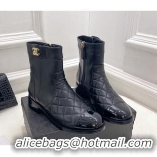 Duplicate Chanel Quilted Lambskin and Patent Leather Ankle Boots with CC Buckle G39172 Black