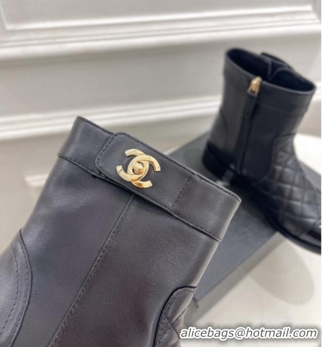 Duplicate Chanel Quilted Lambskin and Patent Leather Ankle Boots with CC Buckle G39172 Black