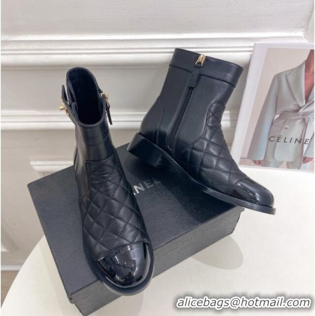 Duplicate Chanel Quilted Lambskin and Patent Leather Ankle Boots with CC Buckle G39172 Black