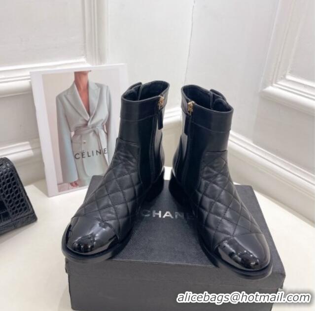 Duplicate Chanel Quilted Lambskin and Patent Leather Ankle Boots with CC Buckle G39172 Black