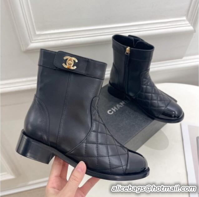 Duplicate Chanel Quilted Lambskin and Patent Leather Ankle Boots with CC Buckle G39172 Black