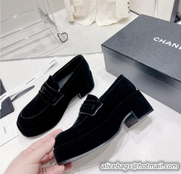 Duplicate Chanel Velvet Loafers 6.5cm G39206 Black