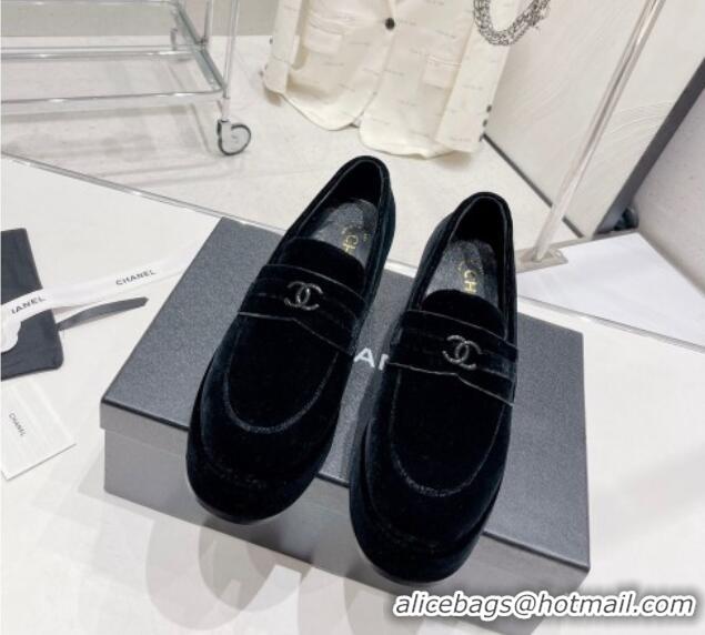 Duplicate Chanel Velvet Loafers 6.5cm G39206 Black