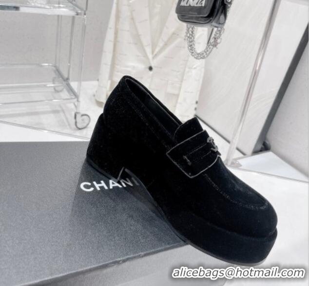 Duplicate Chanel Velvet Loafers 6.5cm G39206 Black