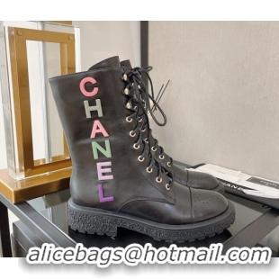 Stylish Chanel Calfskin Lace-up Ankle Boots with Multicolor Signature Black 110384