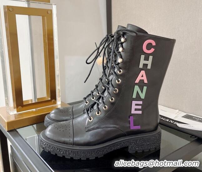 Stylish Chanel Calfskin Lace-up Ankle Boots with Multicolor Signature Black 110384