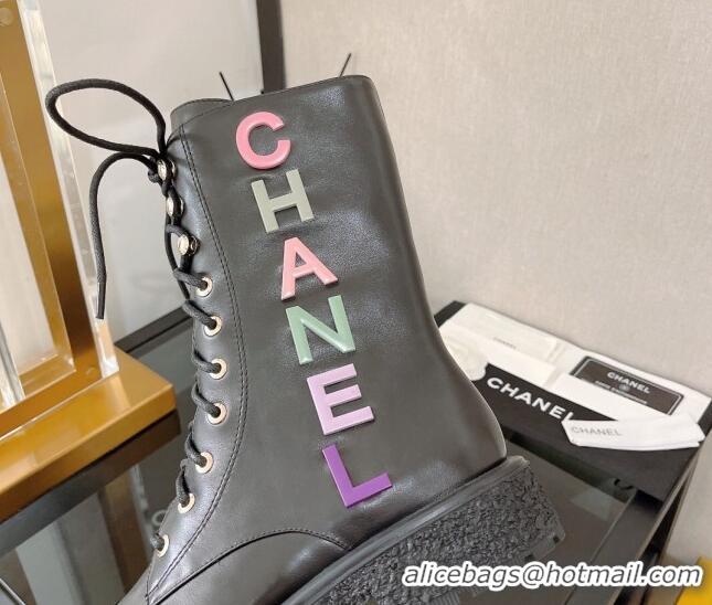 Stylish Chanel Calfskin Lace-up Ankle Boots with Multicolor Signature Black 110384