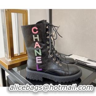 Shop Duplicate Chanel Crinkled Leather Lace-up Ankle Boots with Multicolor Signature Black 110385