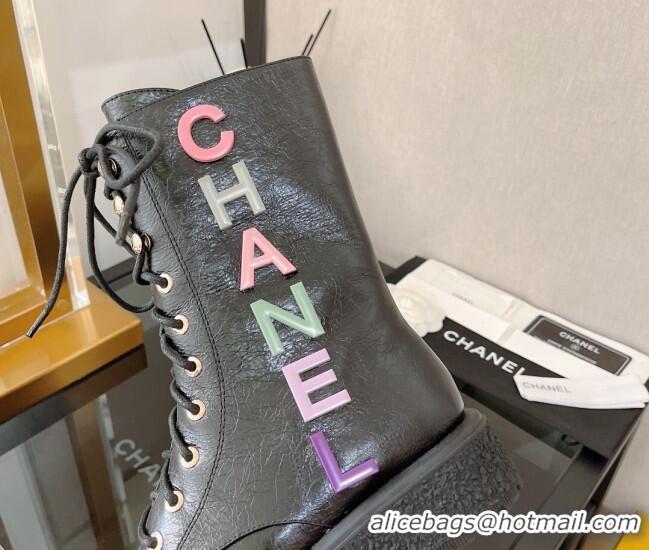 Shop Duplicate Chanel Crinkled Leather Lace-up Ankle Boots with Multicolor Signature Black 110385