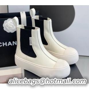 Stylish Chanel Calfskin Platform Ankle Boots White 110388