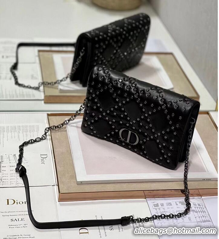 Good Quality DIOR CARO MACROCANNAGE POUCH Macrocannage Calfskin with Star Motif S5135UNH black