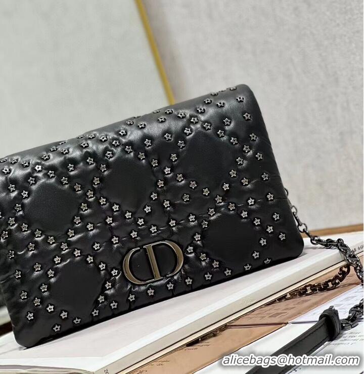 Good Quality DIOR CARO MACROCANNAGE POUCH Macrocannage Calfskin with Star Motif S5135UNH black