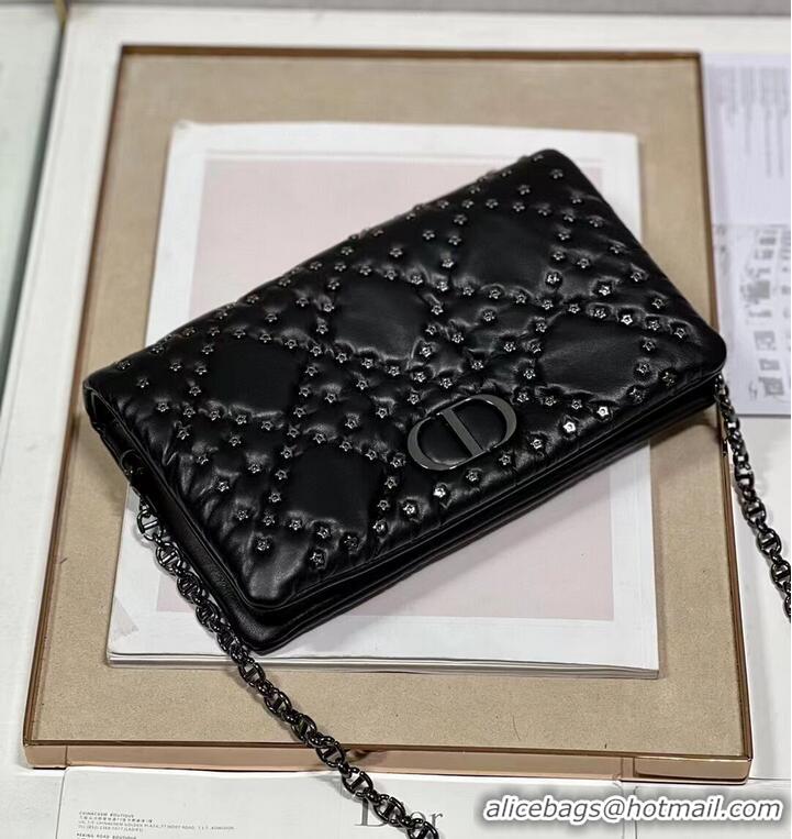 Good Quality DIOR CARO MACROCANNAGE POUCH Macrocannage Calfskin with Star Motif S5135UNH black