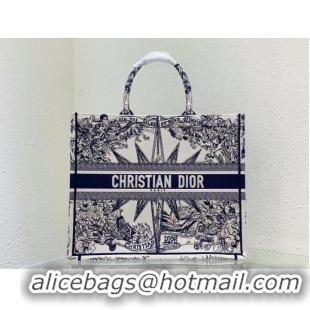 Famous Brand LARGE DIOR BOOK TOTE White and Blue Multicolor Reve dInfini Embroidery M1286Z